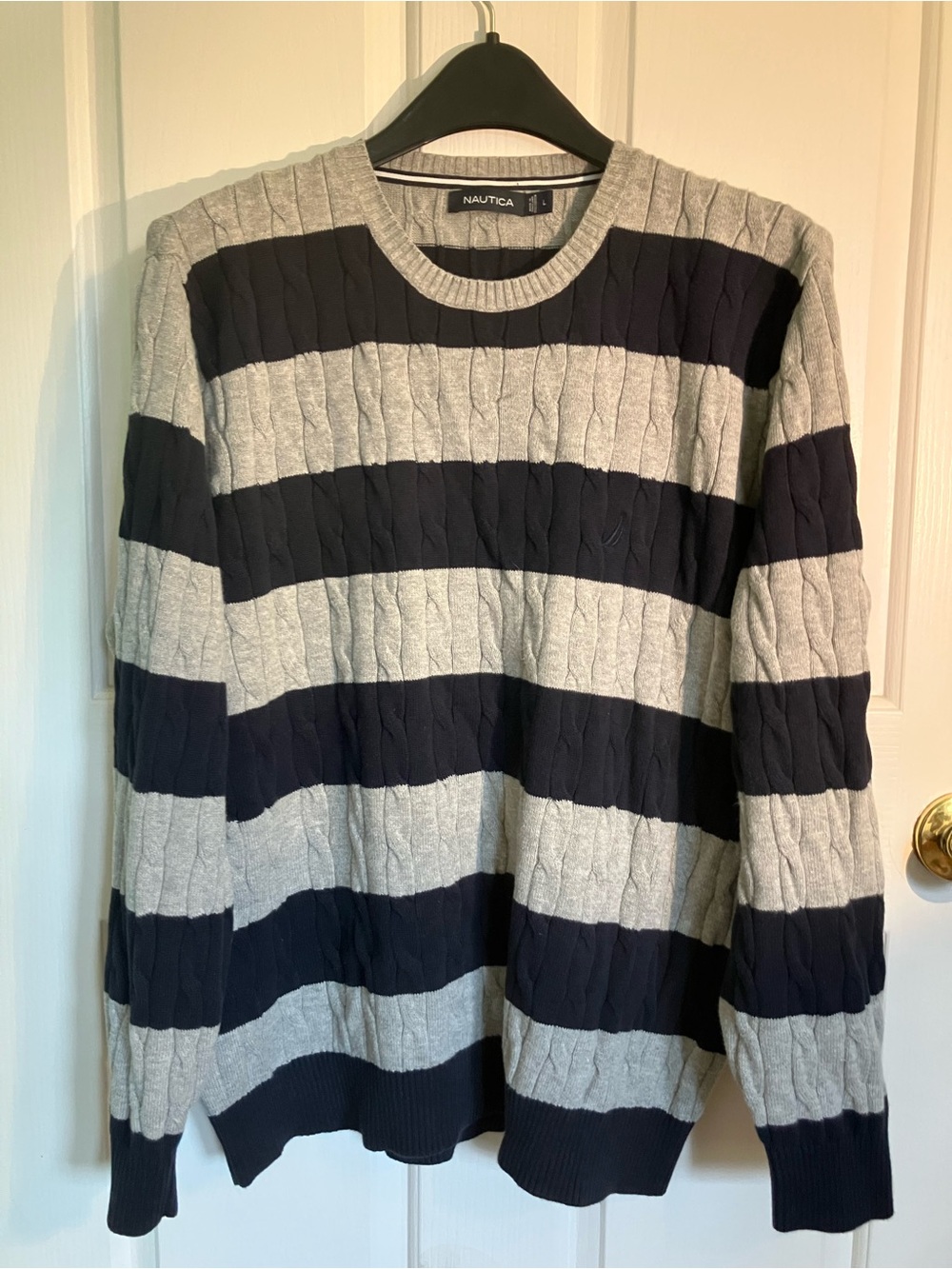 Nautica Men's Navy and Gray Striped Cable-Knit Crewneck Sweater